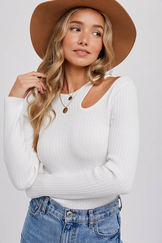 Cutout Shoulder Ribbed Top